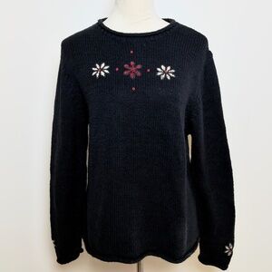 Vintage Woolrich Sweater Womens M Black Floral Embroidered Rolled Collar Cottage